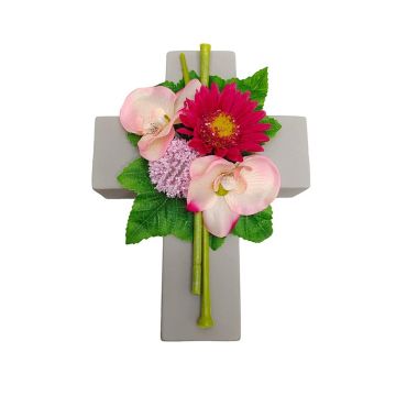 Konstgjord blomsterarrangemang med gerbera, orkidé, allium ANSGAR, växtkors, rosa-cerise, 20x15x9cm