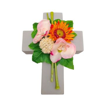 Konstgjord blomsterarrangemang med gerbera, orkidé, Allium ANSGAR, planteringskors, rosa-orange, 20x15x9cm