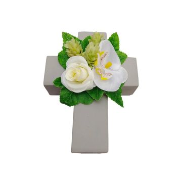 Konstgjord blomsterarrangemang med ros, orkidé, humle ARIADNA, planteringskors, vitt, 20x15x9cm