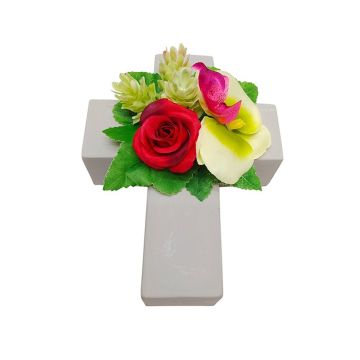 Konstgjord blomsterarrangemang med ros, orkidé, humle ARIADNA, planteringskors, röd-grön-cerise, 20x15x9cm