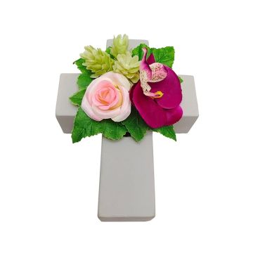 Blomsterarrangemang, konstgjorda rosor, orkidé, humle ARIADNA, planteringskors, rosa-cerise, 20x15x9cm