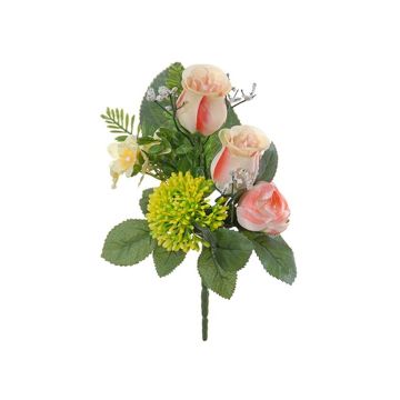 Konstgjord blomsterarrangemang med ros, ranunkel och allium HOKUNA, stödpinne, rosa-gul, 27cm, Ø20cm Konstgjord blomsterarrangemang med ros, ranunkel och allium HOKUNA, stödpinne, rosa-gul, 27cm, Ø20cm