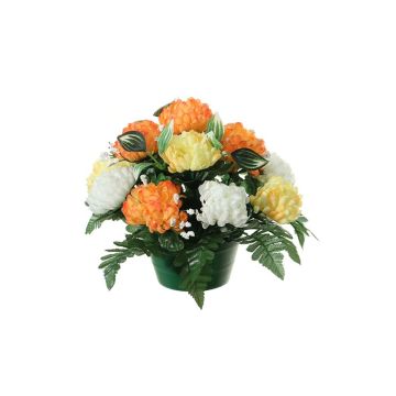 Dekorativt blomsterarrangemang med krysantemum och slöjblomma YASAR, dekorativ kruka, orange-gul-krämfärgad, 25cm, Ø30cm
