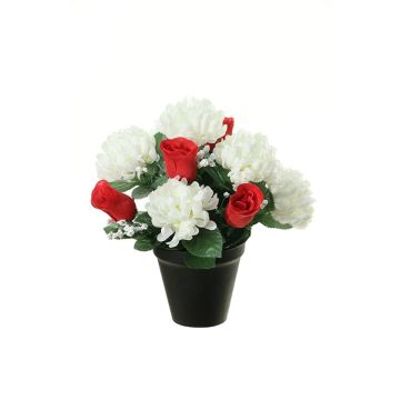 Konstgjord blomsterarrangemang med krysantemum och ros YESHE, dekorativ kruka, krämröd, 28cm, Ø22cm