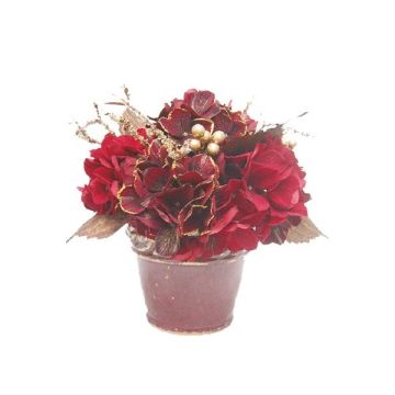 Konstgjord blomsterarrangemang hortensia, bär SUKI, dekorativ kruka, röd-guld, 25cm, Ø25cm Konstgjord blomsterarrangemang hortensia, bär SUKI, dekorativ kruka, röd-guld, 25cm, Ø25cm