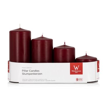 Adventskrans med blockljus JENARO, 4 st, i olika storlekar, bordeaux, 6cm, 8cm, 10cm, 12cm, Ø5cm - Tillverkad i Tyskland Adventskrans med blockljus JENARO, 4 st, i olika storlekar, bordeaux, 6cm, 8cm, 10cm, 12cm, Ø5cm - Tillverkad i Tyskland
