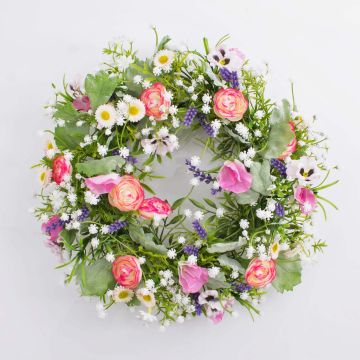 Konstgjord vårkrans FELICIA, penséer och ranunkler, brokig, Ø30cm