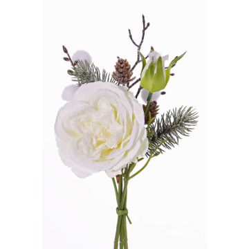 Textilrosbukett FANNI, kottar, snötäckt, vit, 30cm, Ø15cm Textilrosbukett FANNI, kottar, snötäckt, vit, 30cm, Ø15cm