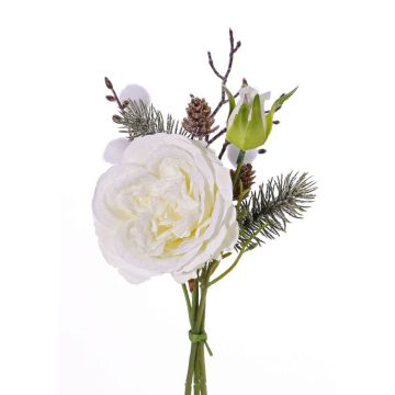 Textilrosbukett FANNI, kottar, snötäckt, vit, 30cm, Ø15cm