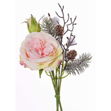 Textilrosbukett FANNI, kottar, snötäckt, rosa, 30cm, Ø15cm Textilrosbukett FANNI, kottar, snötäckt, rosa, 30cm, Ø15cm
