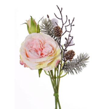 Textilrosbukett FANNI, kottar, snötäckt, rosa, 30cm, Ø15cm