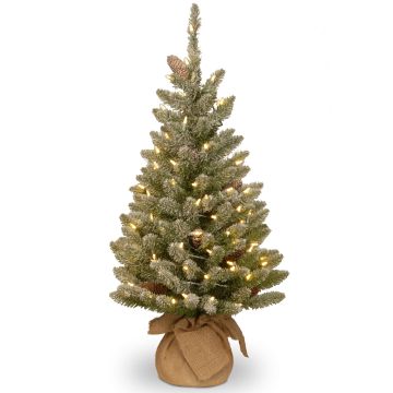 Konstgjord gran WIEN, jutesäck, kottar, LED-lampor, snöad, 90cm, Ø50cm Konstgjord gran WIEN, jutesäck, kottar, LED-lampor, snöad, 90cm, Ø50cm