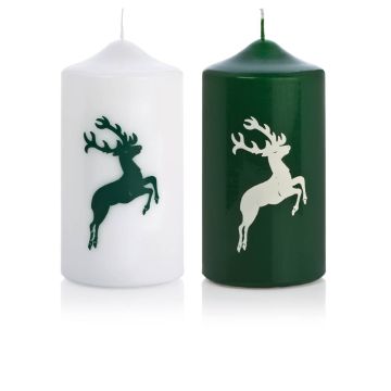 Julstearinljus DALDI, hjortmotiv, 2 st, mörkgrön-vit, 15cm, Ø8cm, 69h - Tillverkad i Tyskland