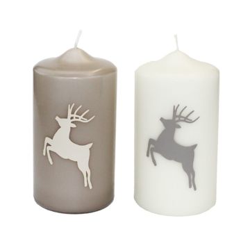 Julstearinljus DALDI, hjortmotiv, 2 st, beige-vitt, 15cm, Ø8cm, 69h - Tillverkat i Tyskland
