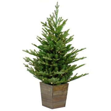 Konstgjord gran CARDIFF, träkruka, LED-lampor, 90cm, Ø75cm