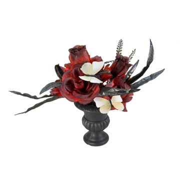 Halloween-borddekoration, blomsterbukett LESCADIA med rosor, fjärilar, röd-svart, 30cm, Ø25cm Halloween-borddekoration, blomsterbukett LESCADIA med rosor, fjärilar, röd-svart, 30cm, Ø25cm
