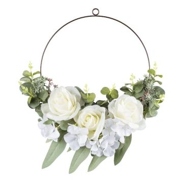 Konstgjord blomring med ros, hortensia och eukalyptus TREMO, vit, Ø50cm Konstgjord blomring med ros, hortensia och eukalyptus TREMO, vit, Ø50cm