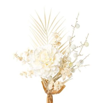 Dekorativt pionbukett AYMA med ballong-spindelblomma, palmblad, krämfärgad, 60cm