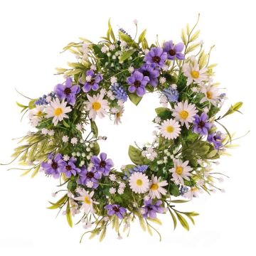 Konstgjord blomkrans med margeriter, kosmos MAGADI, muscari, slöjblomma, lila-vit, Ø30cm