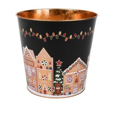 Zinkplanteringskruka MAVETA med pepparkakshusmotiv, svart-koppar, 18cm, Ø20,5cm Zinkplanteringskruka MAVETA med pepparkakshusmotiv, svart-koppar, 18cm, Ø20,5cm