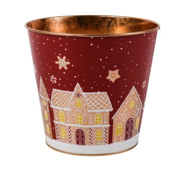 Zinkplanteringskruka MAVETA med pepparkakshusmotiv, mörkröd-koppar, 18cm, Ø20,5cm