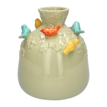 Ballongflaska BIRDIE i keramik, med 3D-fåglar, grön-orange-gul-blå, 16cm, Ø14cm Ballongflaska BIRDIE i keramik, med 3D-fåglar, grön-orange-gul-blå, 16cm, Ø14cm