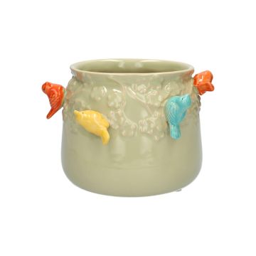 Kruka BIRDIE i keramik, med 3D-fåglar, grön-orange-gul-blå, 11cm, Ø13,5cm Kruka BIRDIE i keramik, med 3D-fåglar, grön-orange-gul-blå, 11cm, Ø13,5cm