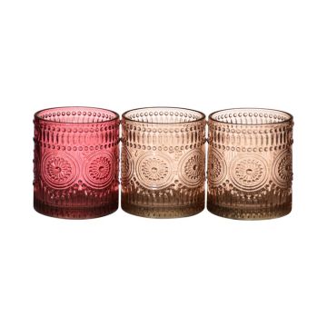 Votivglas MAIRI med guldkant, mönster, 3 st, rosa-cerise, 10cm, Ø8cm Votivglas MAIRI med guldkant, mönster, 3 st, rosa-cerise, 10cm, Ø8cm