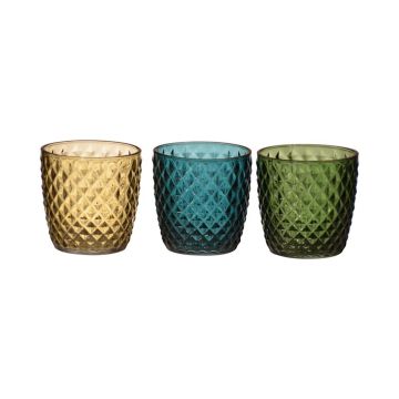 Votivglas KIRSTIE med guldkant, rombmönster, 3 st, grön-gul-blå, 9cm, Ø9cm Votivglas KIRSTIE med guldkant, rombmönster, 3 st, grön-gul-blå, 9cm, Ø9cm