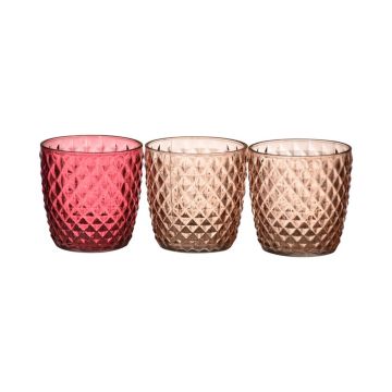 Votivglas KIRSTIE med guldkant, rombmönster, 3 st, rosa-cerise, 9cm, Ø9cm Votivglas KIRSTIE med guldkant, rombmönster, 3 st, rosa-cerise, 9cm, Ø9cm