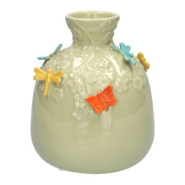 Ballongformad flaska KIMANA i keramik, 3D-fjärilar och sländor, grön-gul-blå-orange, 16cm, Ø14cm
