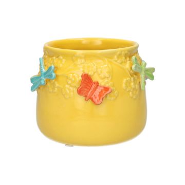 Kruka KIMANA i keramik, 3D-fjärilar och sländor, gul-orange-blå-grön, 11cm, Ø13,5cm Kruka KIMANA i keramik, 3D-fjärilar och sländor, gul-orange-blå-grön, 11cm, Ø13,5cm