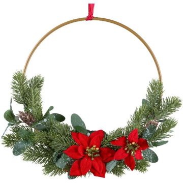 Dekorativ krans, blomring, julstjärna KIRLO, bär, kottar, röd, Ø40cm Dekorativ krans, blomring, julstjärna KIRLO, bär, kottar, röd, Ø40cm