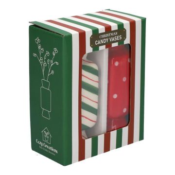 Fyrkantig blomvas Bonbon AMIEL i keramik, 2 st, grön-röd-vit, 4,5x4,5x11,5cm Fyrkantig blomvas Bonbon AMIEL i keramik, 2 st, grön-röd-vit, 4,5x4,5x11,5cm