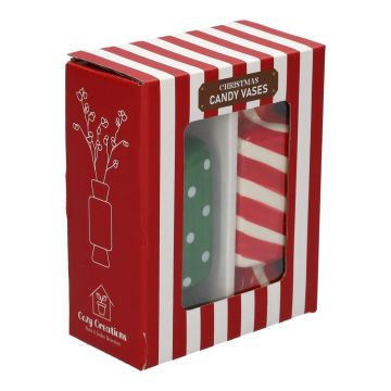 Fyrkantig blomvas Bonbon AMIEL i keramik, 2 st, röd-grön-vit, 4,5x4,5x11,5cm Fyrkantig blomvas Bonbon AMIEL i keramik, 2 st, röd-grön-vit, 4,5x4,5x11,5cm
