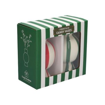 Rundad blomvas Bonbon AMIEL i keramik, 2 st, grön-röd-vit, 11,5cm, Ø6cm Rundad blomvas Bonbon AMIEL i keramik, 2 st, grön-röd-vit, 11,5cm, Ø6cm