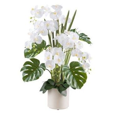 Konstblomsarrangemang med orkidé, filodendron CASTOL, bågspindelväxt Mikado, dekorativ kruka, vit, 110cm