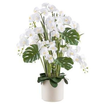 Konstblomsarrangemang med orkidé, filodendron CASTOL, bågblad Mikado, dekorativ kruka, vit, 120cm Konstblomsarrangemang med orkidé, filodendron CASTOL, bågblad Mikado, dekorativ kruka, vit, 120cm