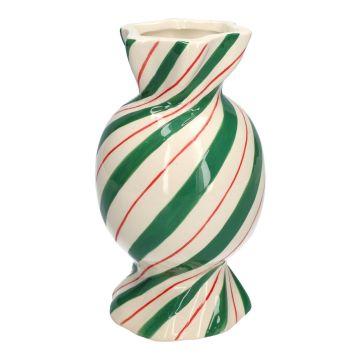 Rund vas för stjälkblommor Bonbon AMIEL i keramik, med sneda linjer, grön-röd-vit, 20cm, Ø11,5cm Rund vas för stjälkblommor Bonbon AMIEL i keramik, med sneda linjer, grön-röd-vit, 20cm, Ø11,5cm