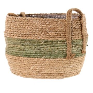 Korgkruka UPALI, flätat sjögräs, 2 bärhandtag, beige-grön, 26cm, Ø33cm