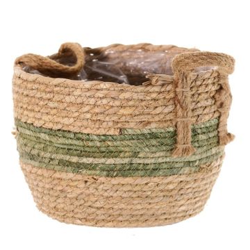 Korgplanteringskruka UPALI, flätat sjögräs, 2 bärhandtag, beige-grön, 22cm, Ø30cm