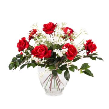 Textilrosbukett AMELIE, slöjblomma, röd, 45cm, Ø40cm Textilrosbukett AMELIE, slöjblomma, röd, 45cm, Ø40cm