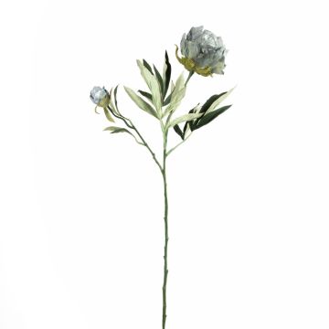 Konstgjord blomkvist med pion GALENE, Eco Collection, grå-ljusblå, 65cm, Ø10cm