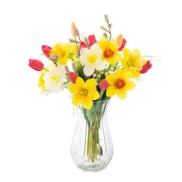Konstgjord vårbukett MANULA, narcis, gul-cerise-vit, 40cm, Ø30cm