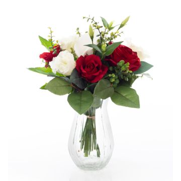 Konstgjord elegant blomsterbukett ELAYNA, röd-vit, 35cm, Ø30cm