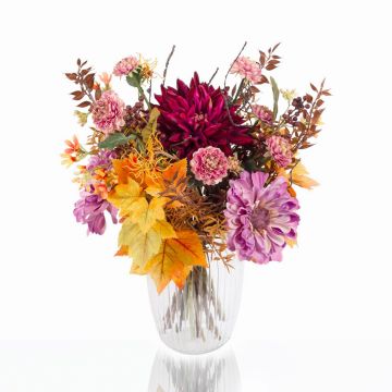 Konstgjord höstbukett KALENA, dahlia, zinnia, violett-orange, 40cm, Ø45cm