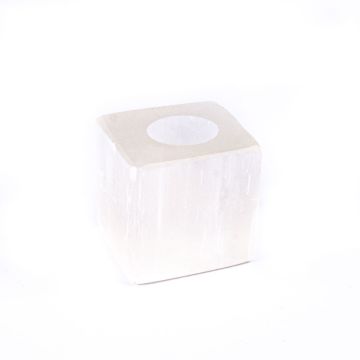 Fyrkantig te-ljushållare MIMIRET av selenit, vit-transparent, 8x8x8cm Fyrkantig te-ljushållare MIMIRET av selenit, vit-transparent, 8x8x8cm