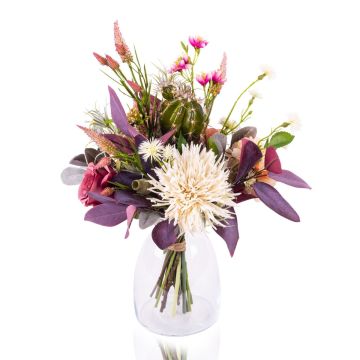 Konstgjord blomsterbukett KALOU med kaktus, violett-vit-laxros, 45cm, Ø35cm